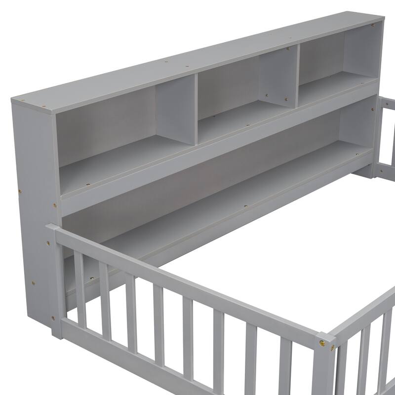 Twin Floor Bed with Bedside Bookcase and Guardrails