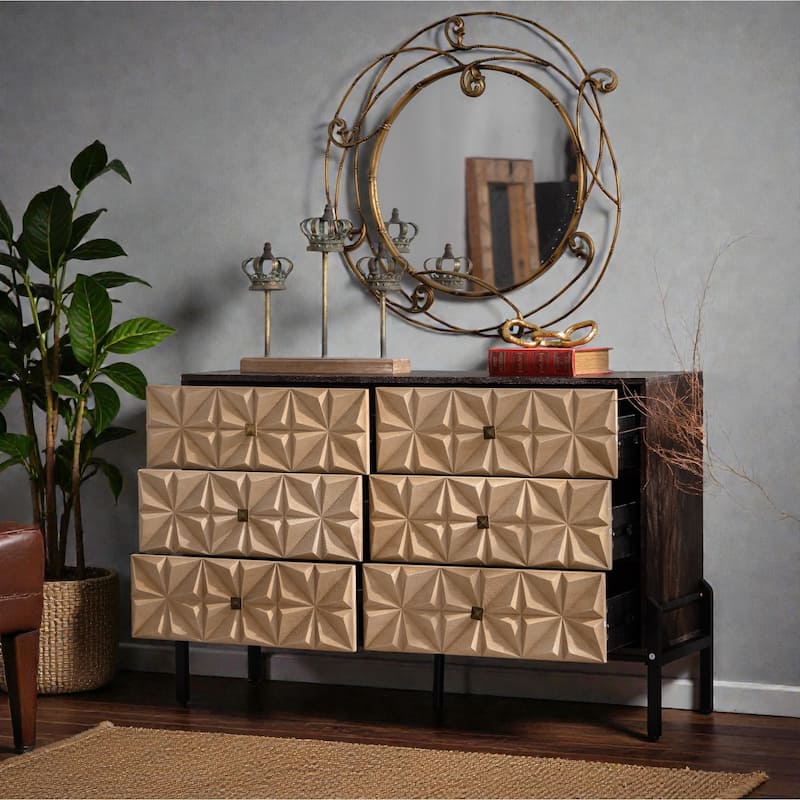 48.21" Mid-Century Modern 6-Drawer Sideboard with 3D Diamond Fronts, Solid Wood & MDF Console Table