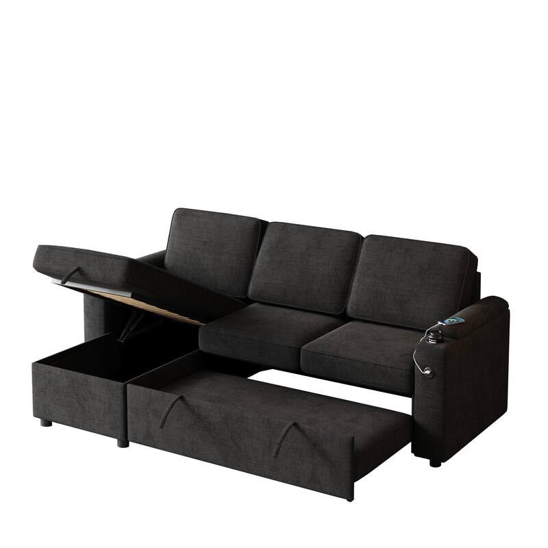 85.8" Fabric 3-Seat Sleeper Sofa with Storage & USB Charging Ports