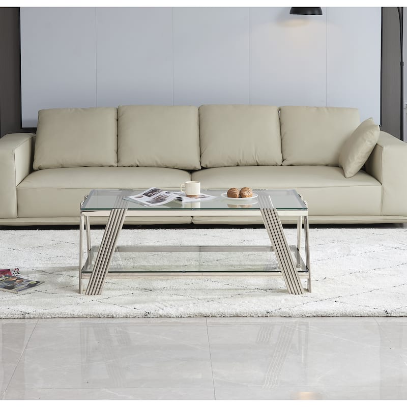 Modern Stainless Steel Coffee Table 2 Tier Tempered Glass Coffee Table with Storage Space, for Living Room, Silver