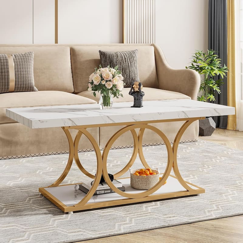 Rectangle Coffee Table, 2-Tier Faux Marble Wood Coffee Table