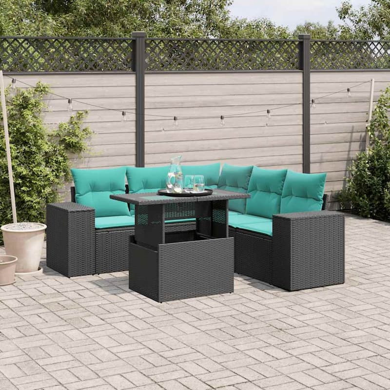 vidaXL Patio Sofa Set with Cushions Table and Couches 6 Piece Poly Rattan - 24.4" x 24.4" x 27.2" - Black