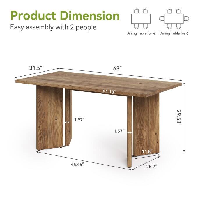 63-Inch Solid Wood Dining Table, Farmhouse Long Kitchen Table