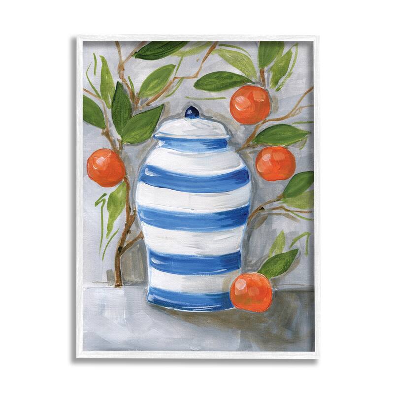 Stupell Tangerine Fruit Branches Striped Vase Still Life Painting Framed Wall Art - 24 x 30 - White