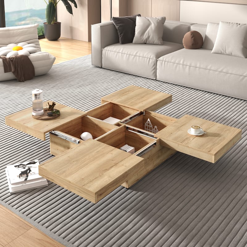 39.4" Modern Square Coffee Table, Low Profile Center Table with Sliding Top, Hidden Storage