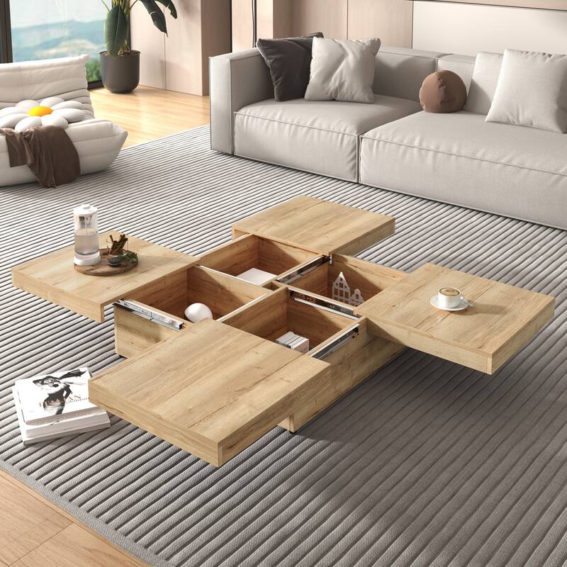 39.4" Square Veneer Coffee Table with Sliding Top & Storage, Natural Wood Grain Finish