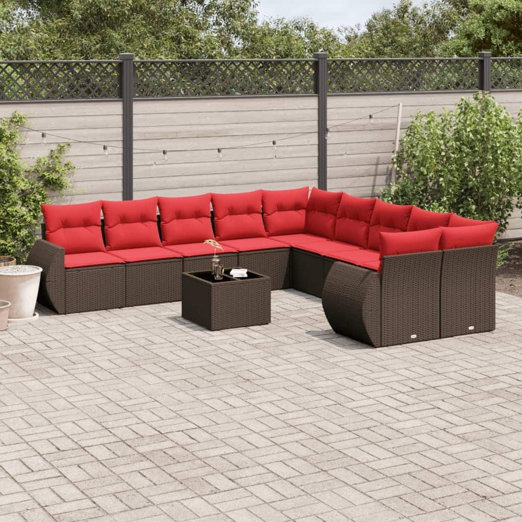 vidaXL 11 Piece Patio Sofa Set with Cushions Brown Poly Rattan - 24.4 x 24.4 x 27.2 (W x D x H)