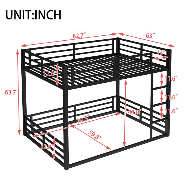 Roomfitters Metal Queen/Full over Queen Bunk Bed, Space-Saving Noise-Reduced Frame, No Box Spring Needed, Black