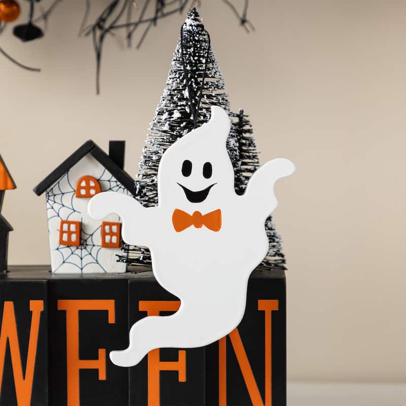 Glitzhome 18.50"H Halloween Wood Pumpkin Nutcracker with Ghost Ornament