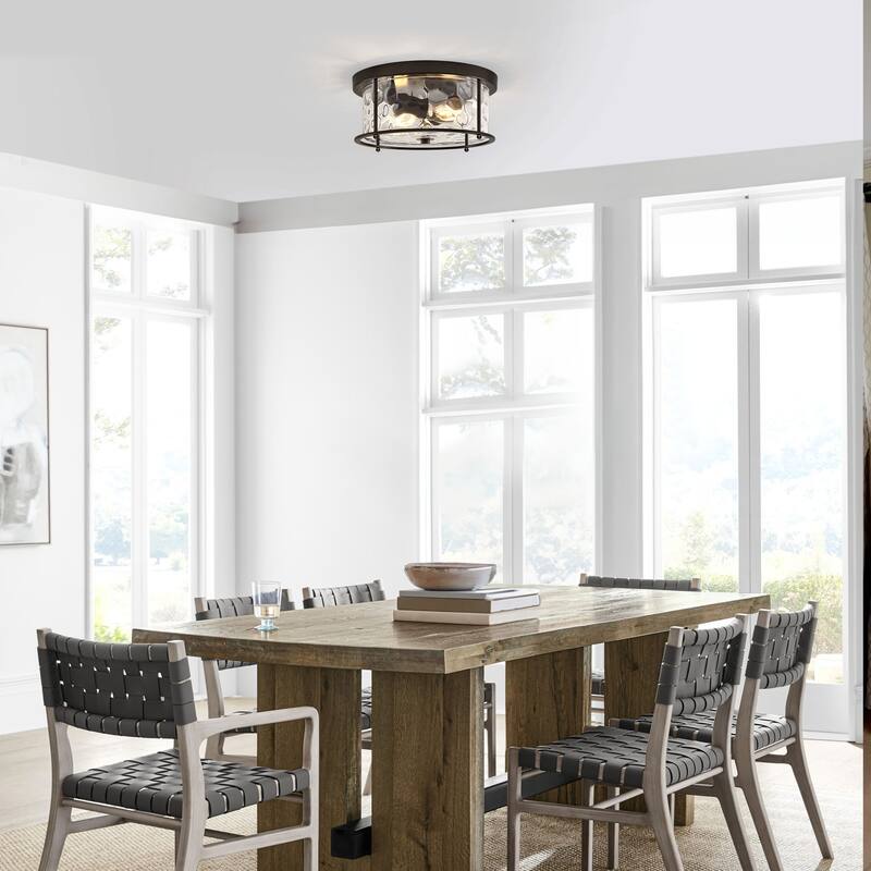 2-Light Flush Mount Water Rippled Glass Ceiling Light with Metal Frame