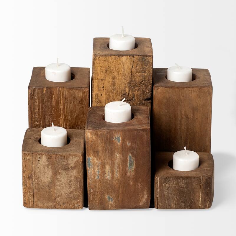 Cassius Light Brown Nine Wood Block Table Candle Holder - 11.0L x 11.0W x 8.0H