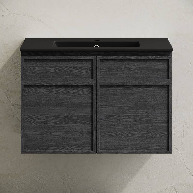 St. Tropez 30" Wall-Mounted Bathroom Vanity In Black Oak With Black Sink Top - 30