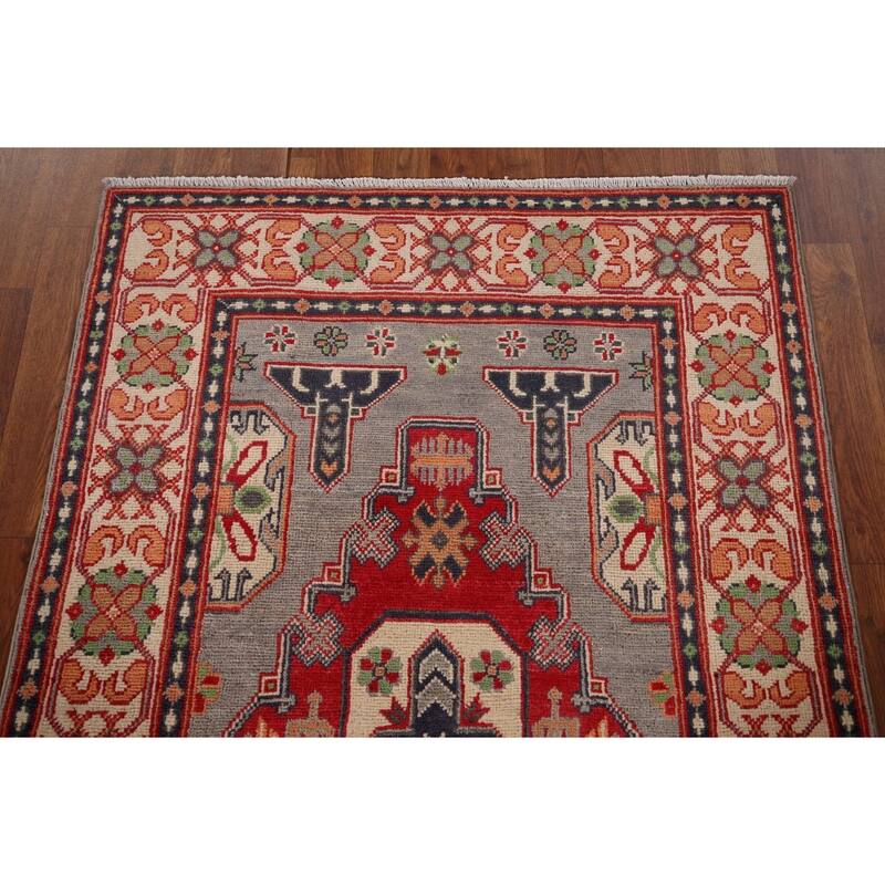 Gray Kazak Foyer Rug Hand-Knotted Wool Carpet - 3'2" x 5'0"