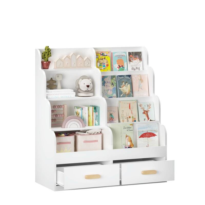 Kids Bookshelf with 2 Storage Drawers - Front-Facing Children's Bookcase and Multi-Tier Toy Organizer