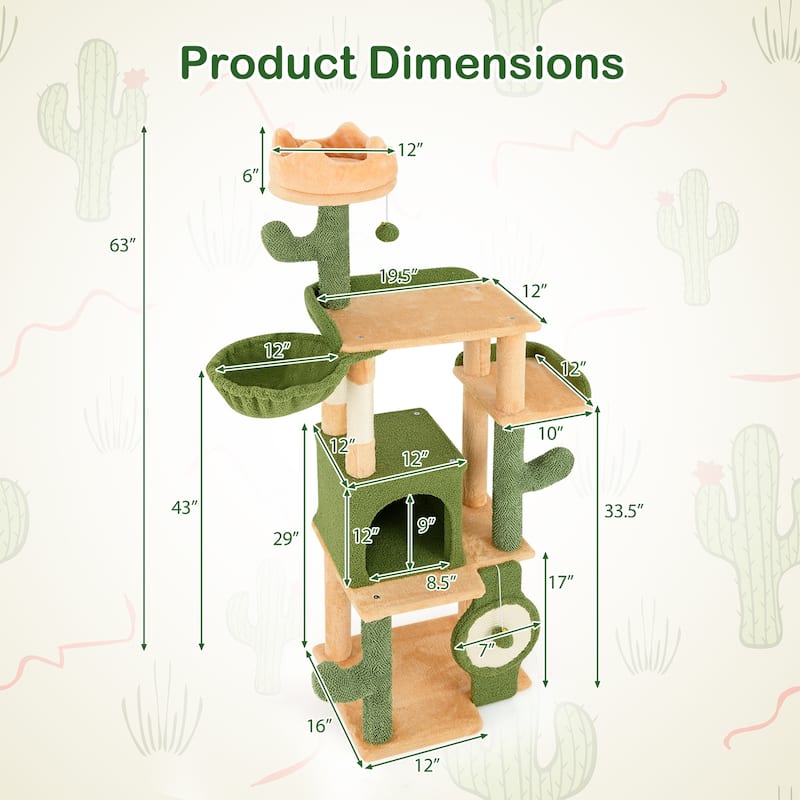 63 Inch Cactus Cat Tree with Sisal Scratching Posts and Board for Indoor Cats - 12" x 12" x 12"