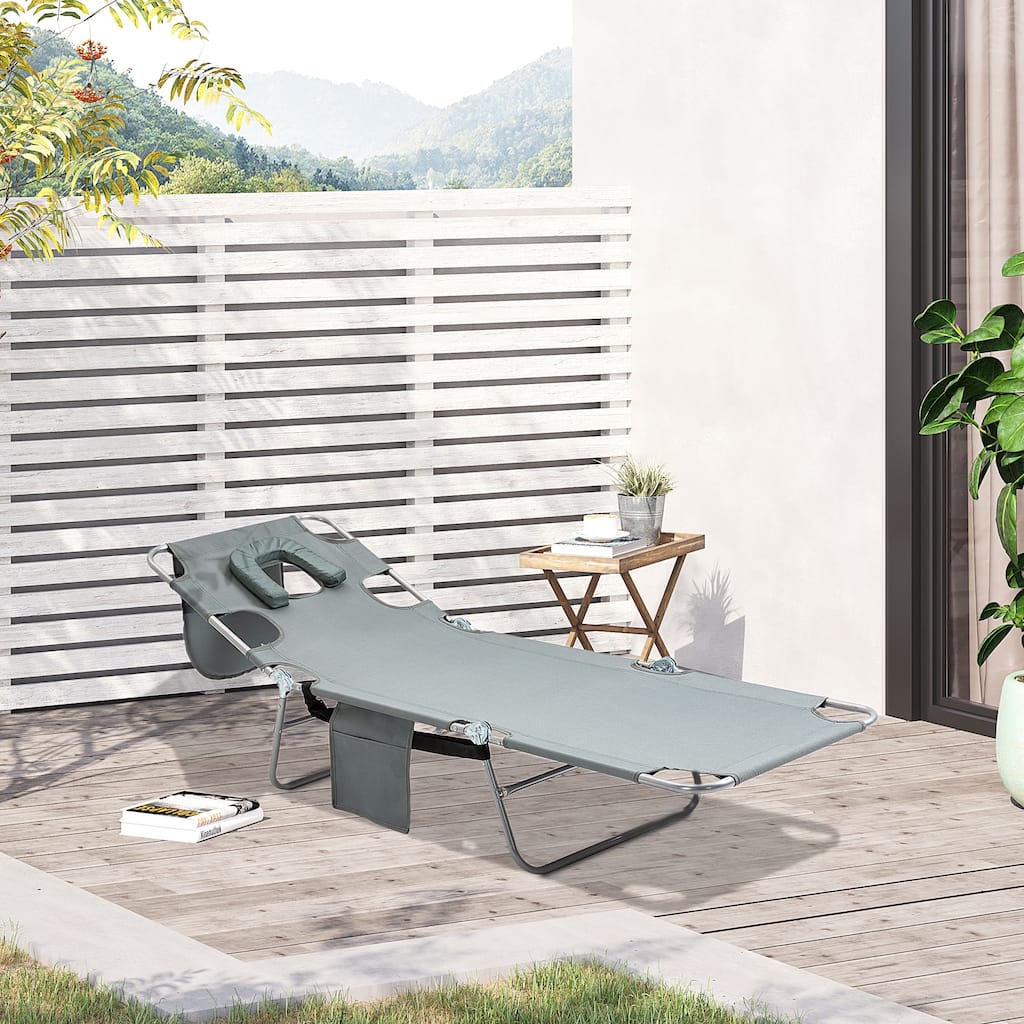 Outsunny Folding Beach Lounge Chair with Face Hole and Arm Slots, 5-level Adjustable Sun Lounger Tanning Chair with Pillow - N/A