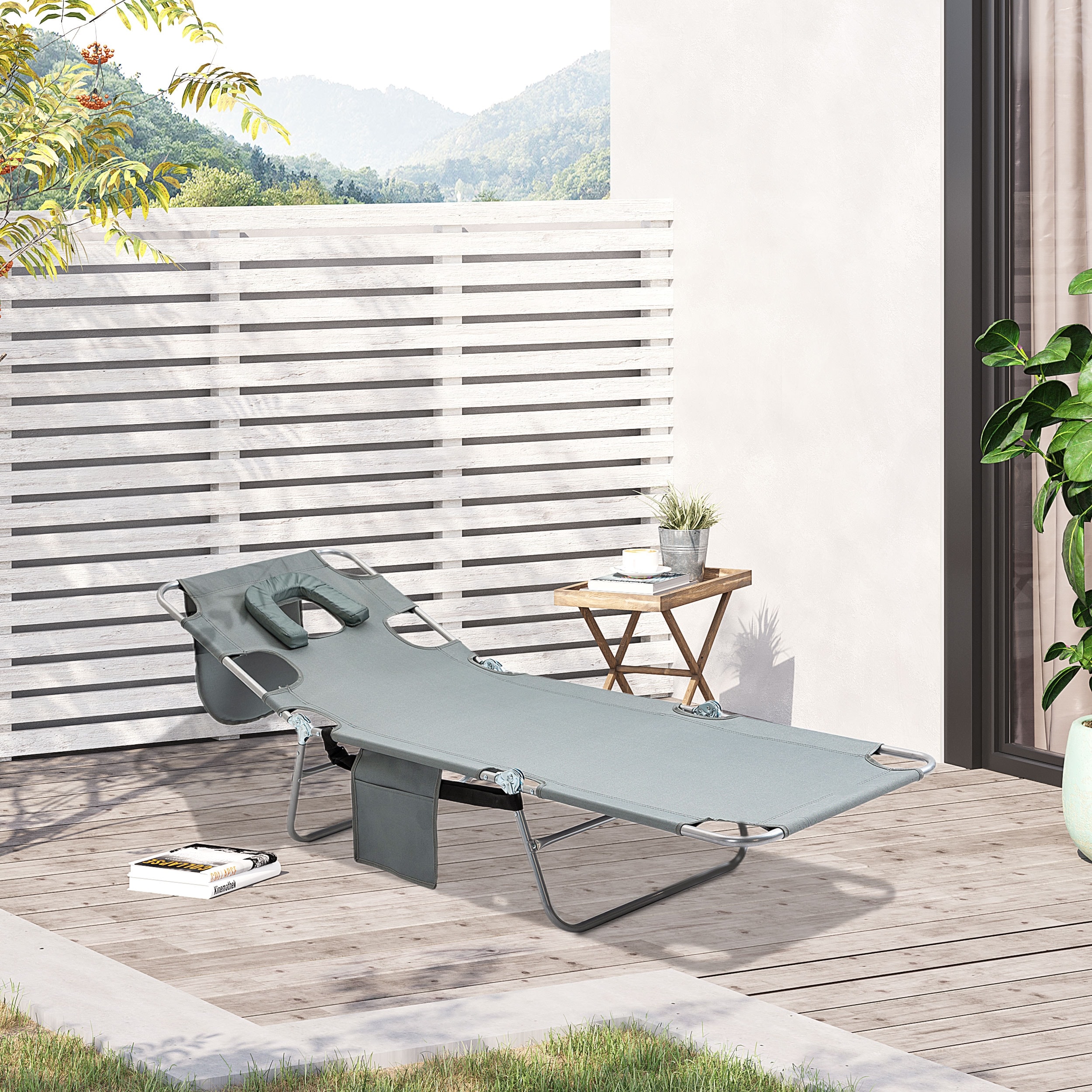 Outsunny Folding Beach Lounge Chair with Face Hole and Arm Slots, 5-level Adjustable Sun Lounger Tanning Chair with Pillow