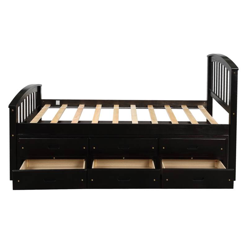 Twin Size Platform Captains Storage Bed Solid Wood Daybed with 6 Drawers Bookcase Bed Low Profile Bed Panel Bed