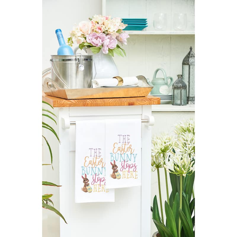 "The Easter Bunny Stops Here" Spring Rabbit Embroidered Cotton Flour Sack Kitchen Dishtowel