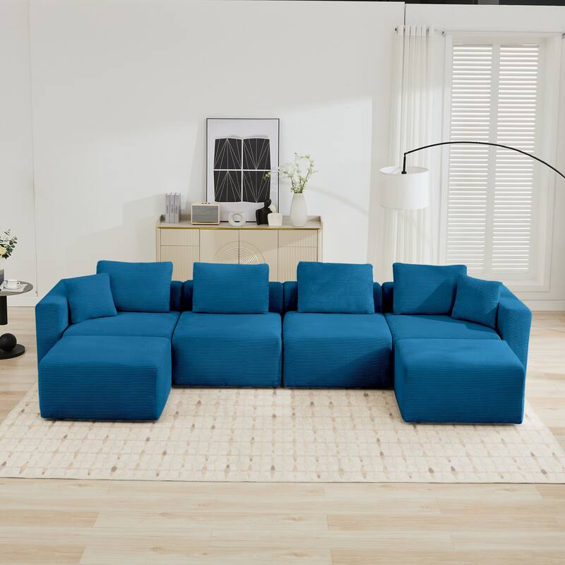 Corduroy Sectional Modular Sofa with Square Arms & Ottoman Extension for Flexible Arrangements
