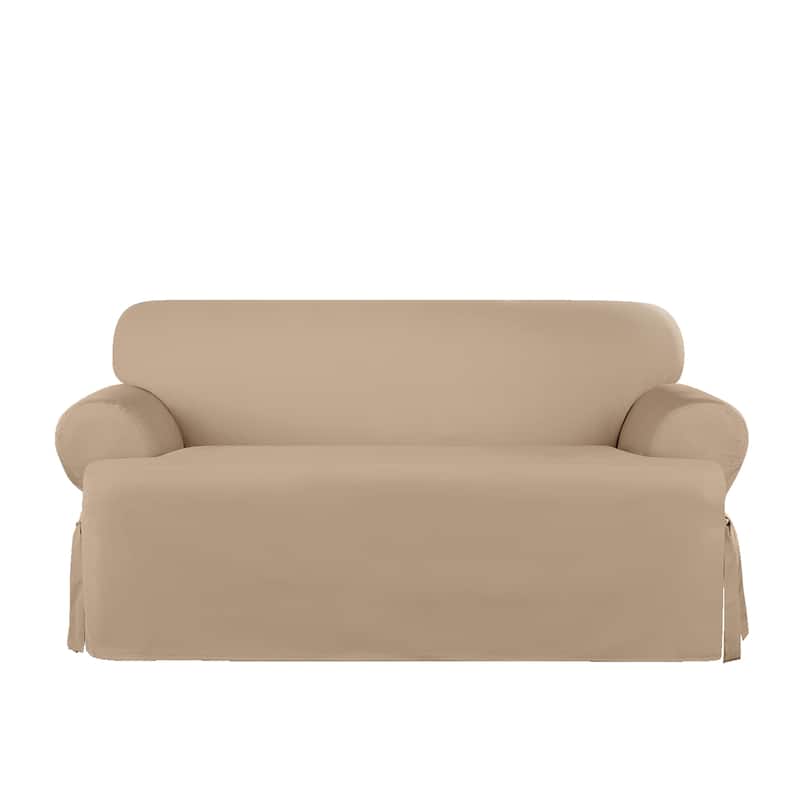 SureFit Heavyweight Cotton Duck 1 Piece T-Cushion Loveseat Cover with Seat Elastic - Khaki