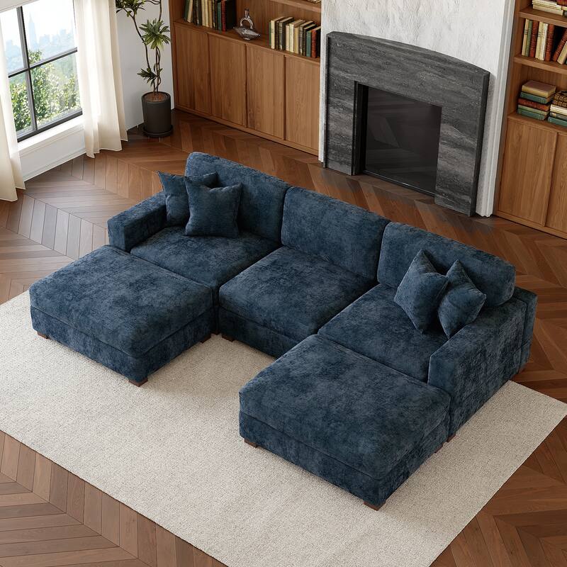 Oversized Chenille Modular Sectional Sofa Conversation Set with 2 Ottomans - Blue/5 Piece
