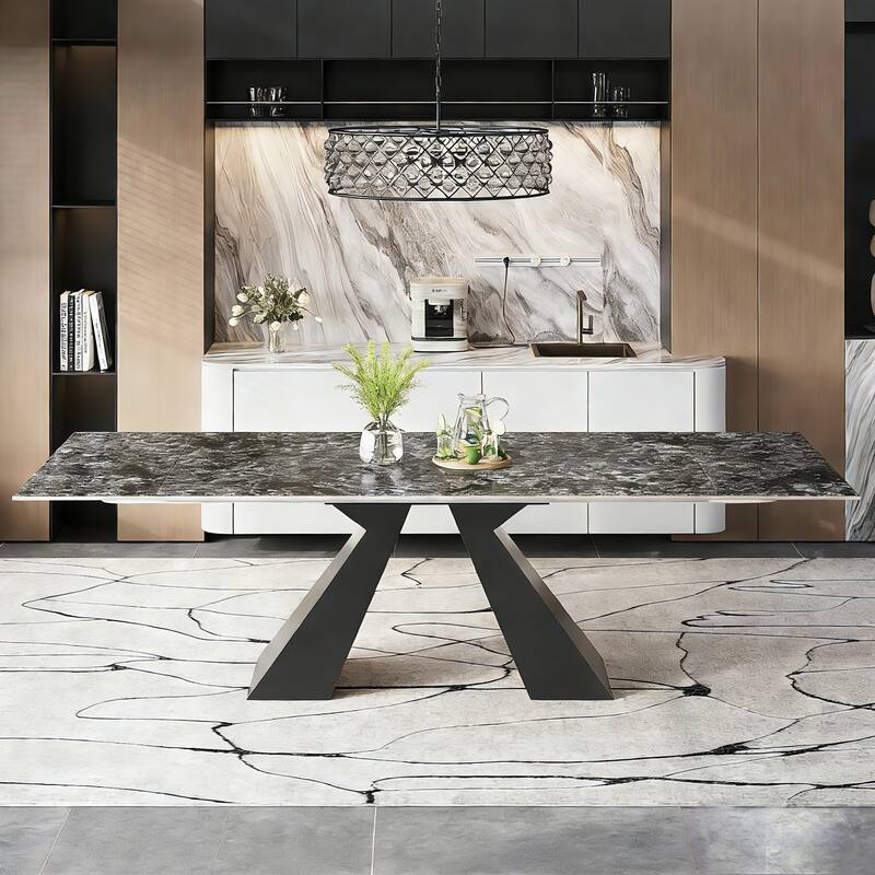 110.24" Extendable Rectangular Sintered Stone Double Pedestal Dining Table Seat 8-12