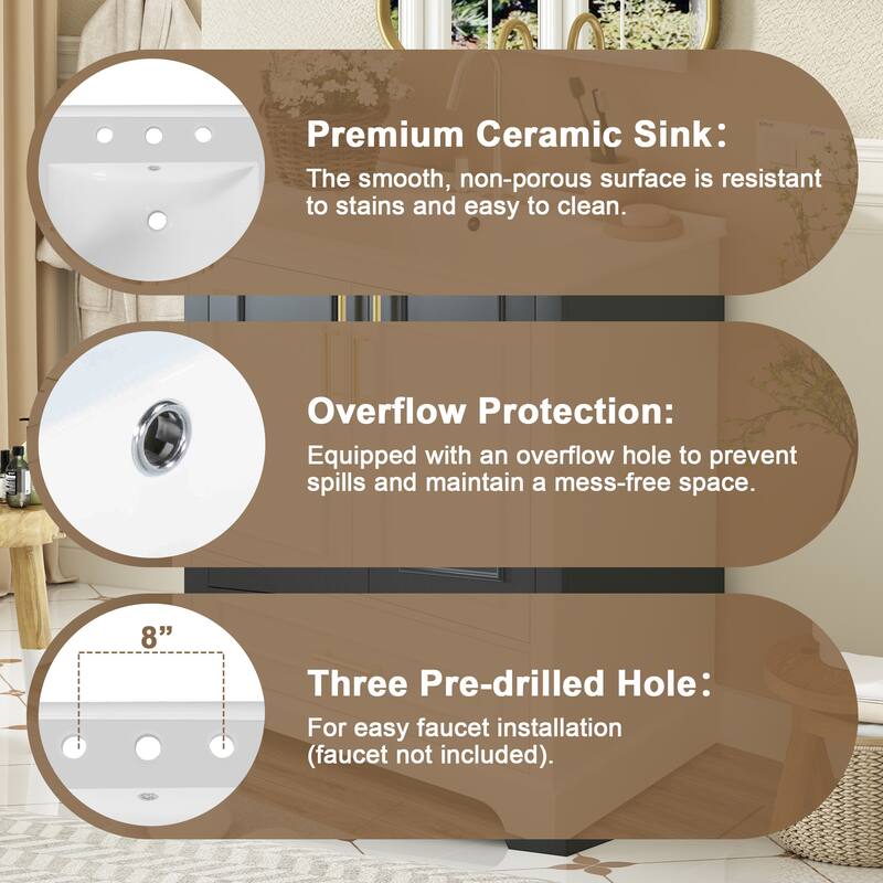 Bathroom Vanity with Ceramic Sink, Freestanding Bathroom Cabinet with Double Shelf, 1 Divided Drawer & 2 Soft Close Doors