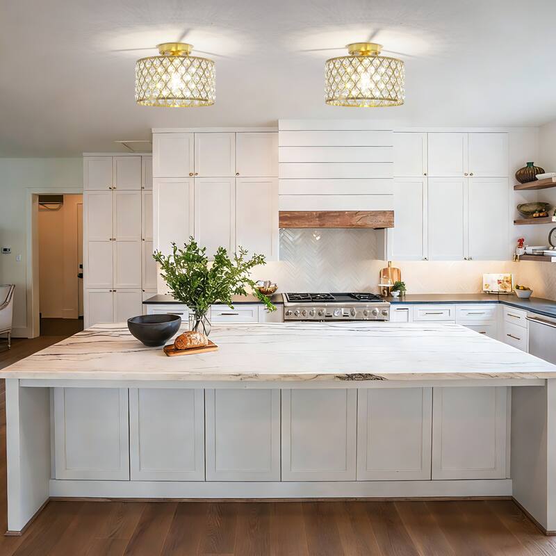 1-Light Modern Vintage Drum Crystal Semi-Flush Mount Ceiling Light