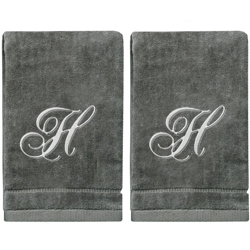 Soft Velour Silver Monogrammed Towels Fingertip - Set of 2 - H
