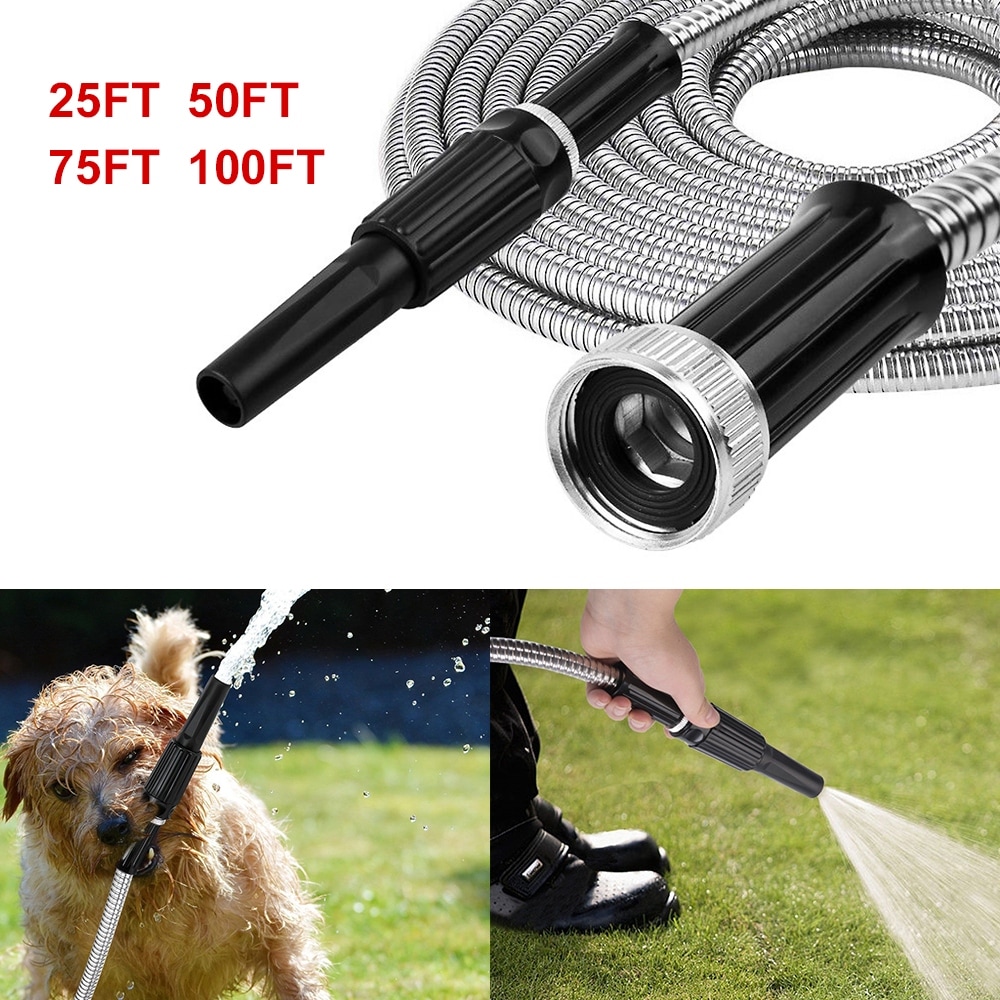 25/50/75/100FT Stainless Steel Garden Water Hose w/ Adjustable Nozzle - 25FT