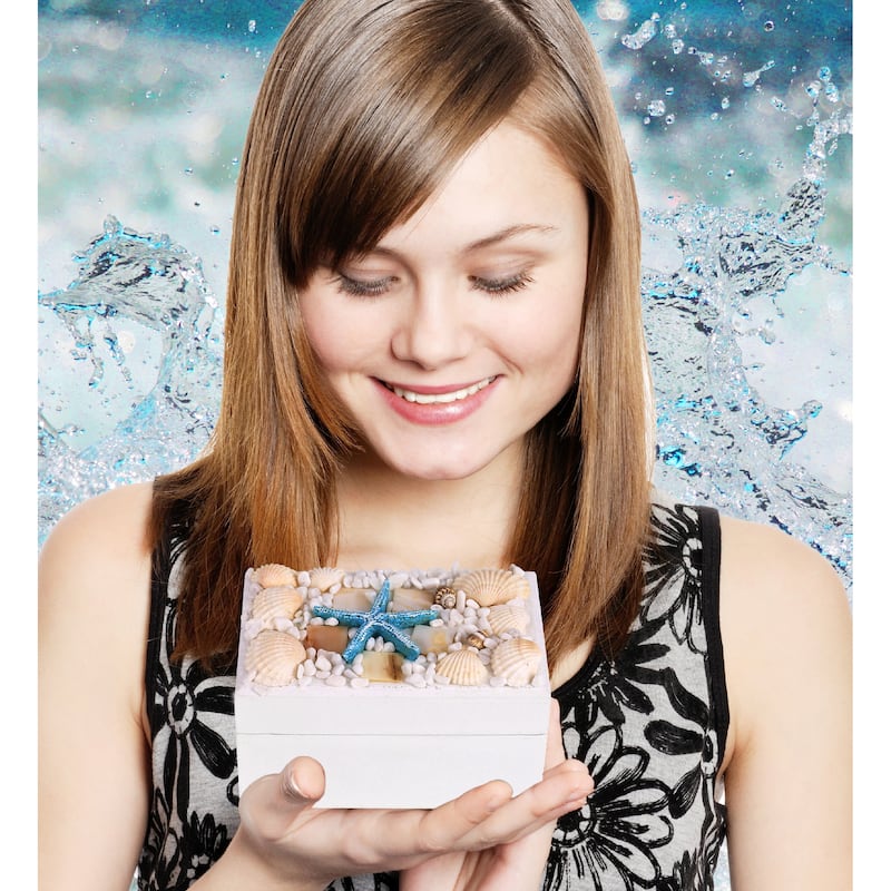 CoTa Global Oceanic White Wooden Jewelry Box w/ Seashell and Starfish - 4.4 Inch