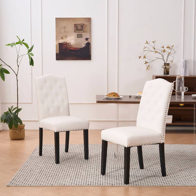 Faux Leather Dining Chair With Elegant Nailhead Accents, Diamond-Button Tufted Back (Set of 2). - Beige
