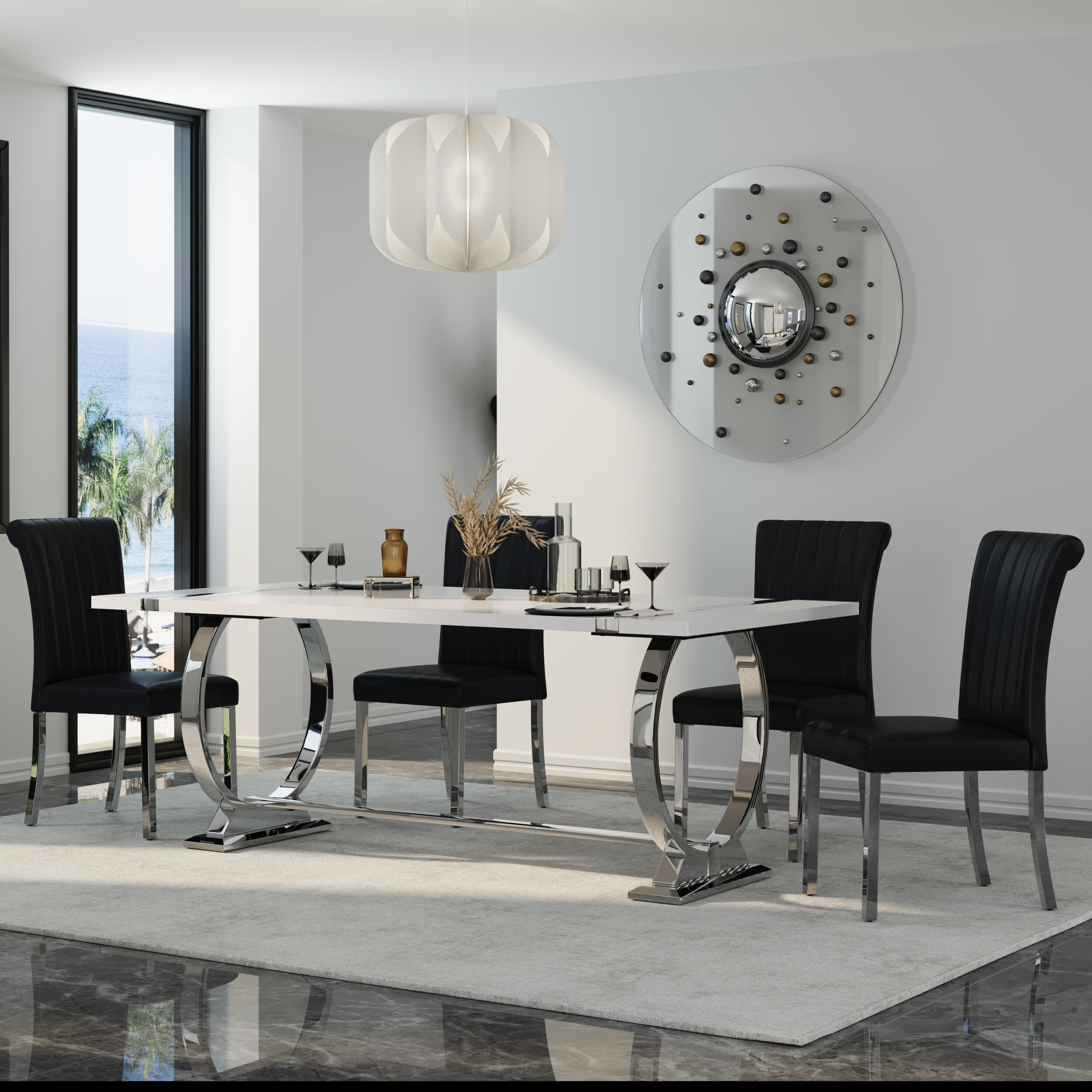 65 inch Faux Marble Dining Table Set with Boucle Dining Chairs