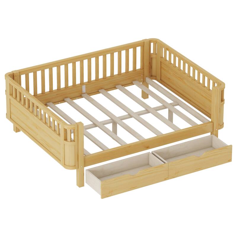 Full Size Wood Platform Bed for Kids, Wood Low Profile Full Bed with Rails for Girls and Boys, White