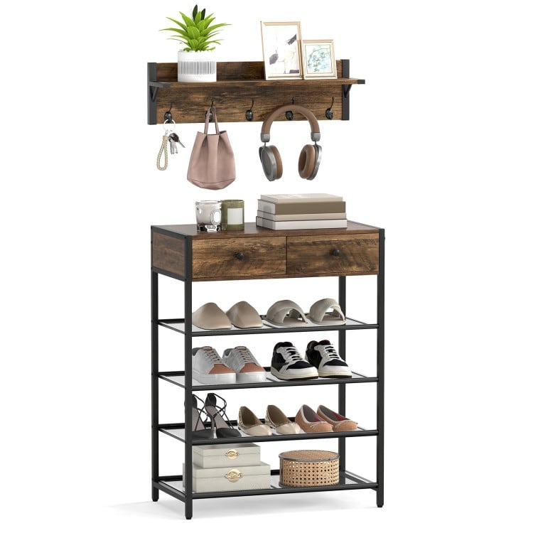 5-Tier Multifunctional Shoe Rack with 2 Drawers and 4 Mesh Shelves Hooks for Entryway - 25.5" x 14" x 34"