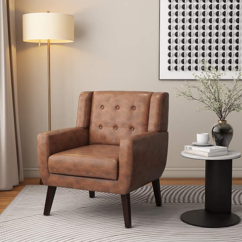 Modern Upholstered Faux Leather Tufted Armchair Linen Accent Chairs