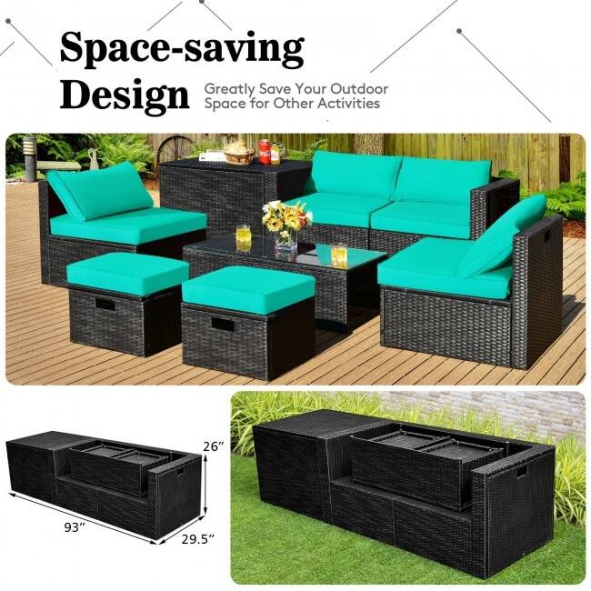 8 Pieces Patio Rattan Storage Table Furniture Set - 25" x 25" x 4" (L x W x D)