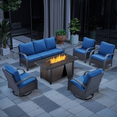 6 Pieces Patio Furniture Sets with Fire Pit Table - Blue Cushion - Brown