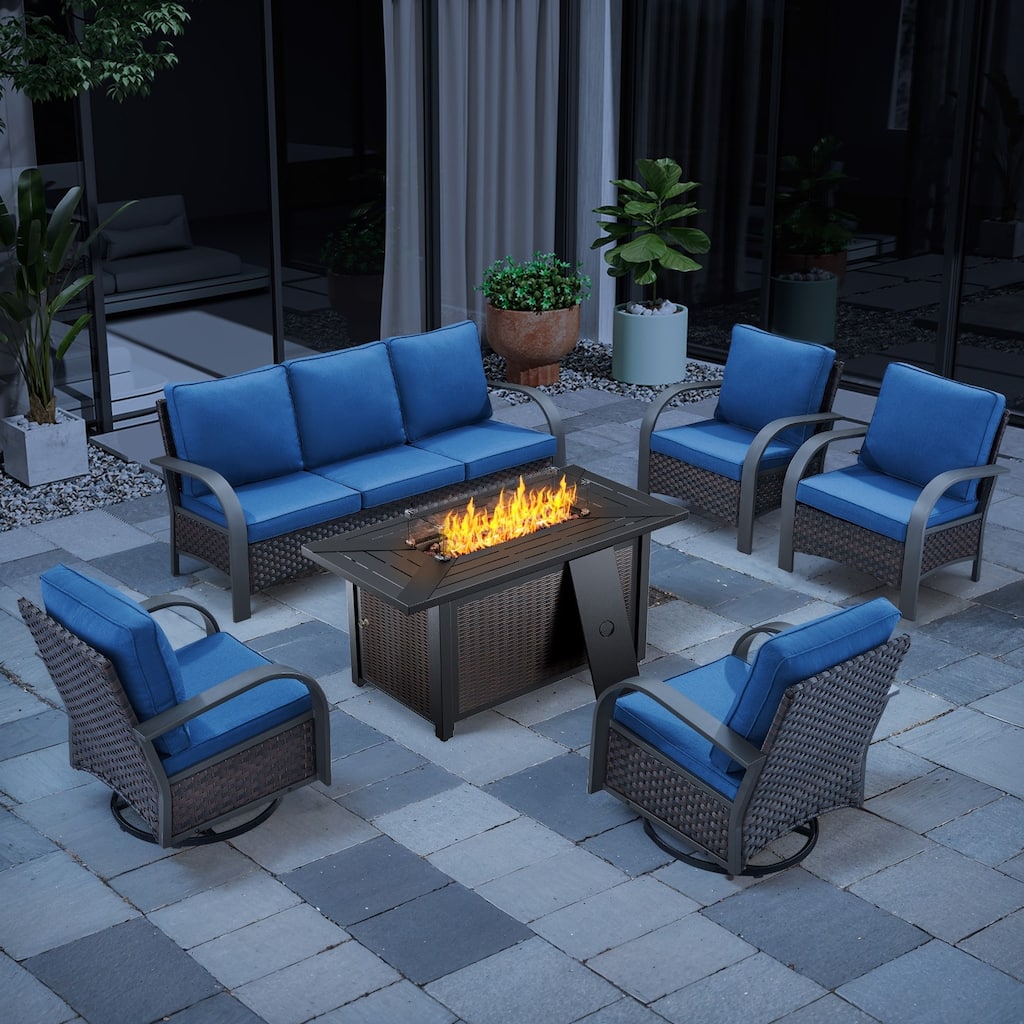 6 Pieces Patio Furniture Sets with Fire Pit Table - Blue Cushion - Brown
