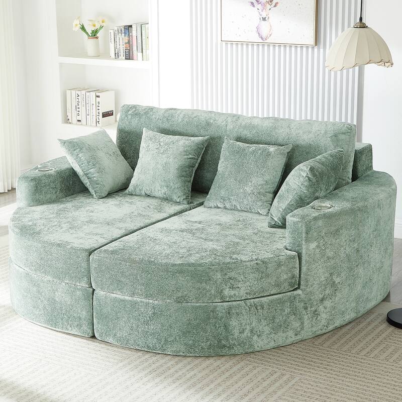 Roomfitters Curved Chaise Lounge Sofa 80" Upholstered Sofa Bed with Cup Holders, Modern Oversized Comfy Couch for Living Room - Green