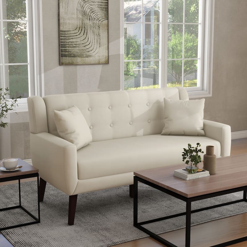 Tufted Linen/Cotton 2-Seater Sofa with Pillows