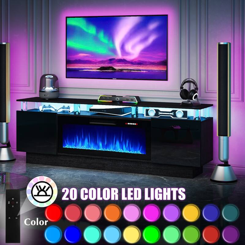 BOSSIN 70 Fireplace TV Stand with 36 Electric Fireplace， LED Light Entertainment Center Modern 2-Tier TV Console Stand