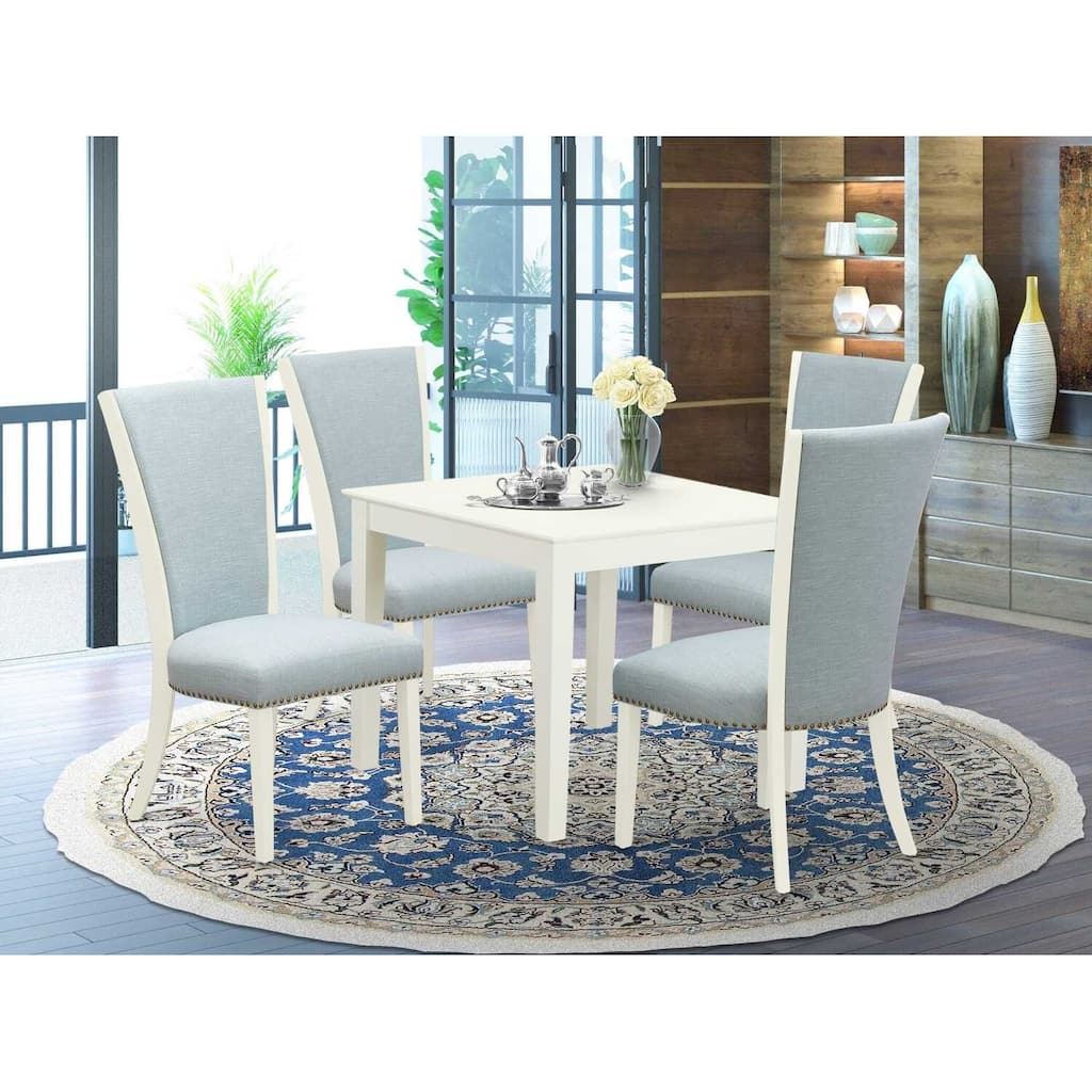 5-Piece Linen White Finish Solid Wood Top - Square Dining Room Set - Seats-4