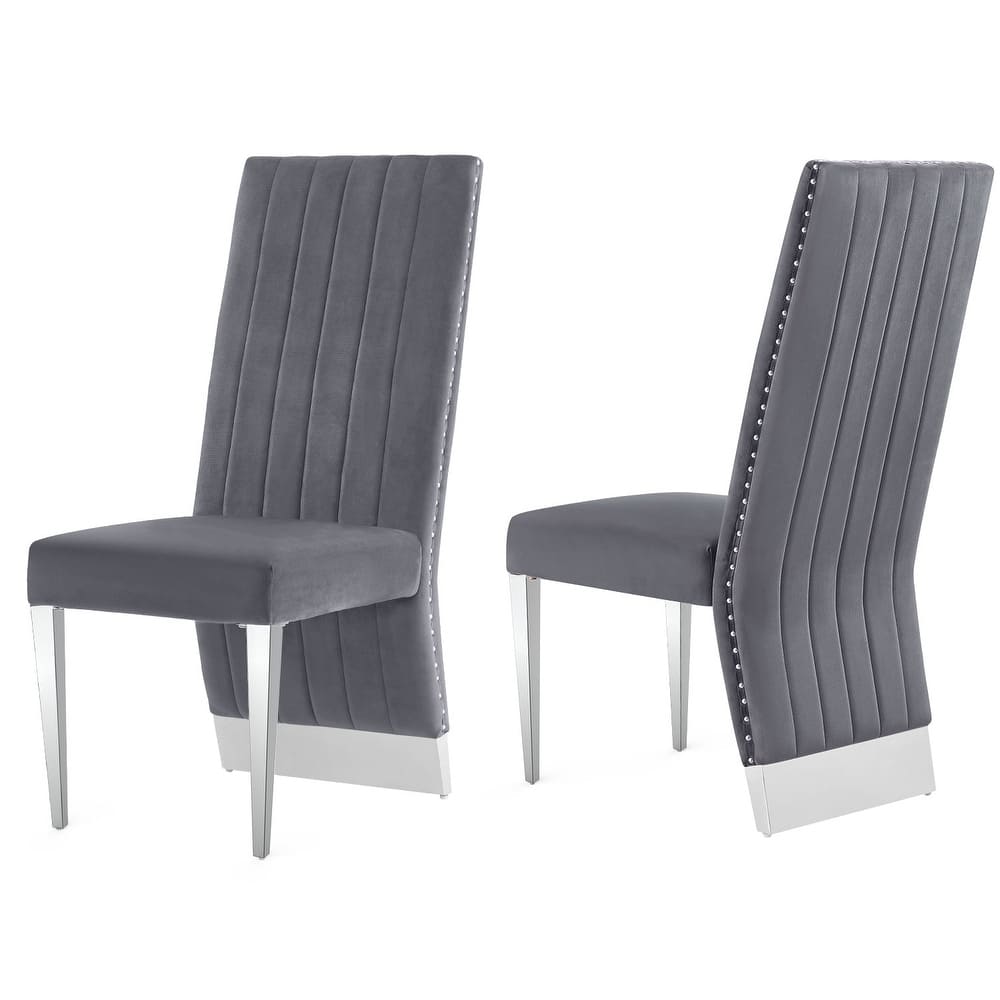 Modern Channel High Back Dining Chairs with Nailhead Trims and Polished Metal Legs