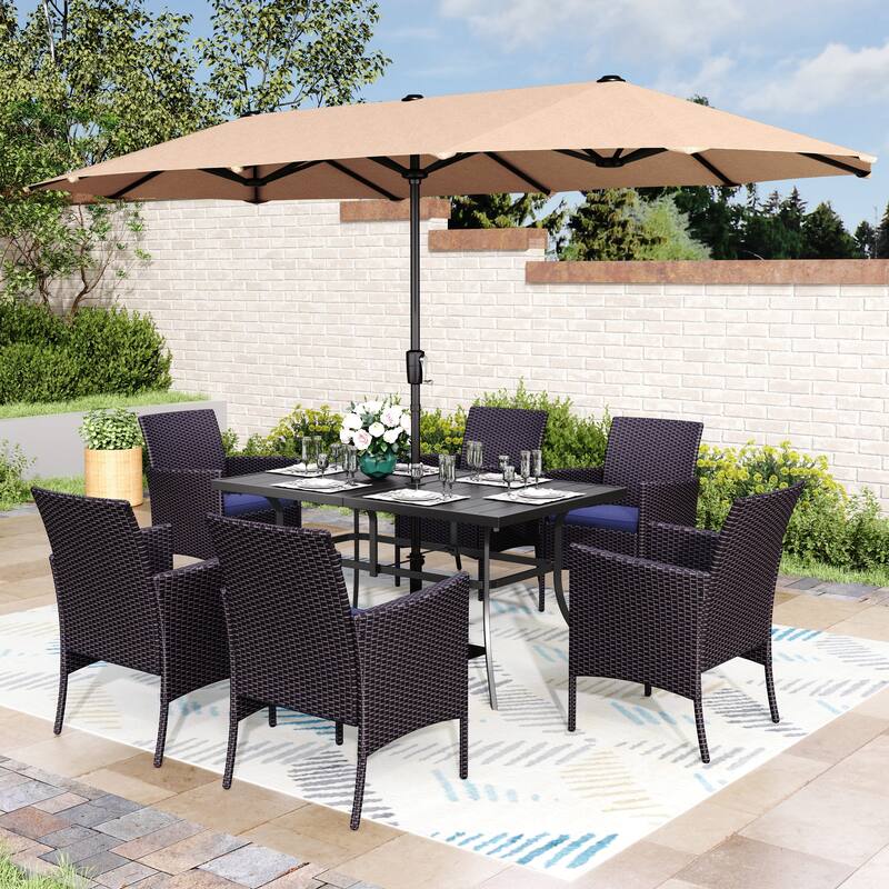 MAISON ARTS 7/8 Pieces Outdoor Patio Dining Set, 6 PE Rattan Chairs with Cushions and 1 Rectangle Metal Table
