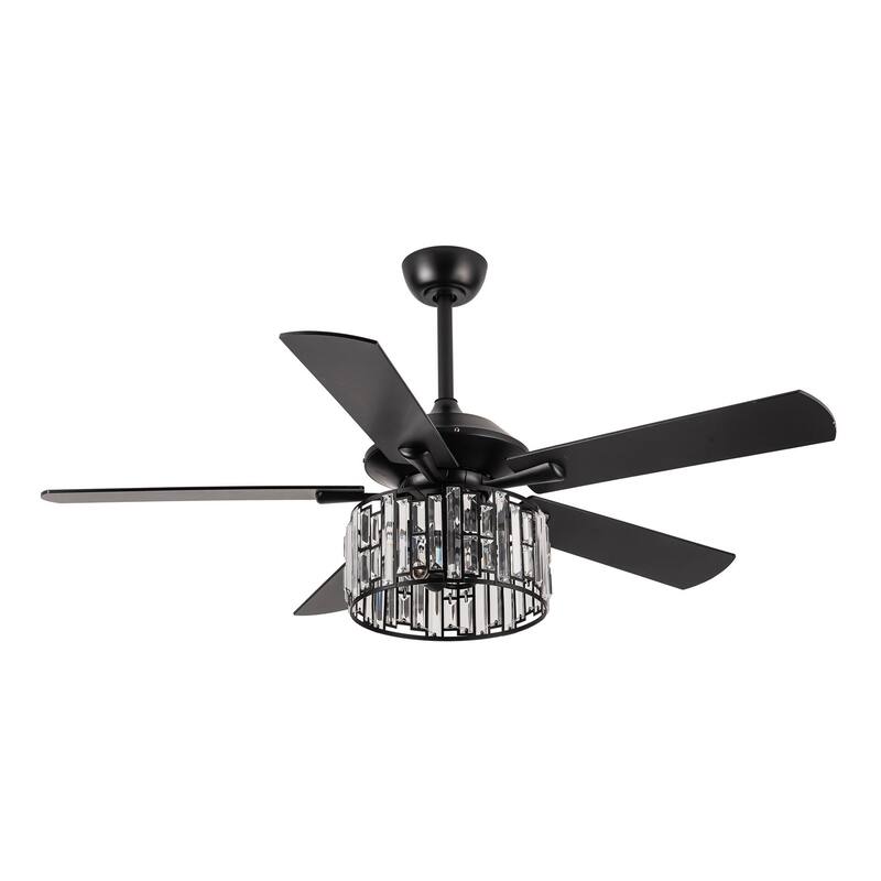 52" Matte Black Industrial Crystal Caged Downrod Mount Ceiling Fan with Remote and Light