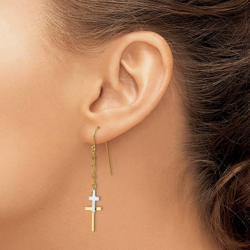 Curata 14k Two-tone Gold 56x12mm Double Cross Chain Dangle Hook Earrings
