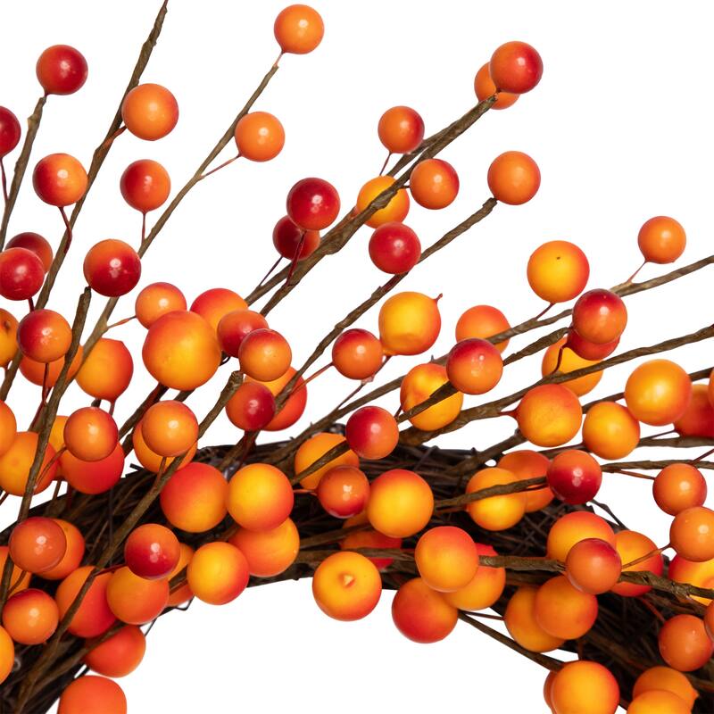 14" Orange Red Berry Artifical Fall Harvest Twig Wreath, 14", Unlit