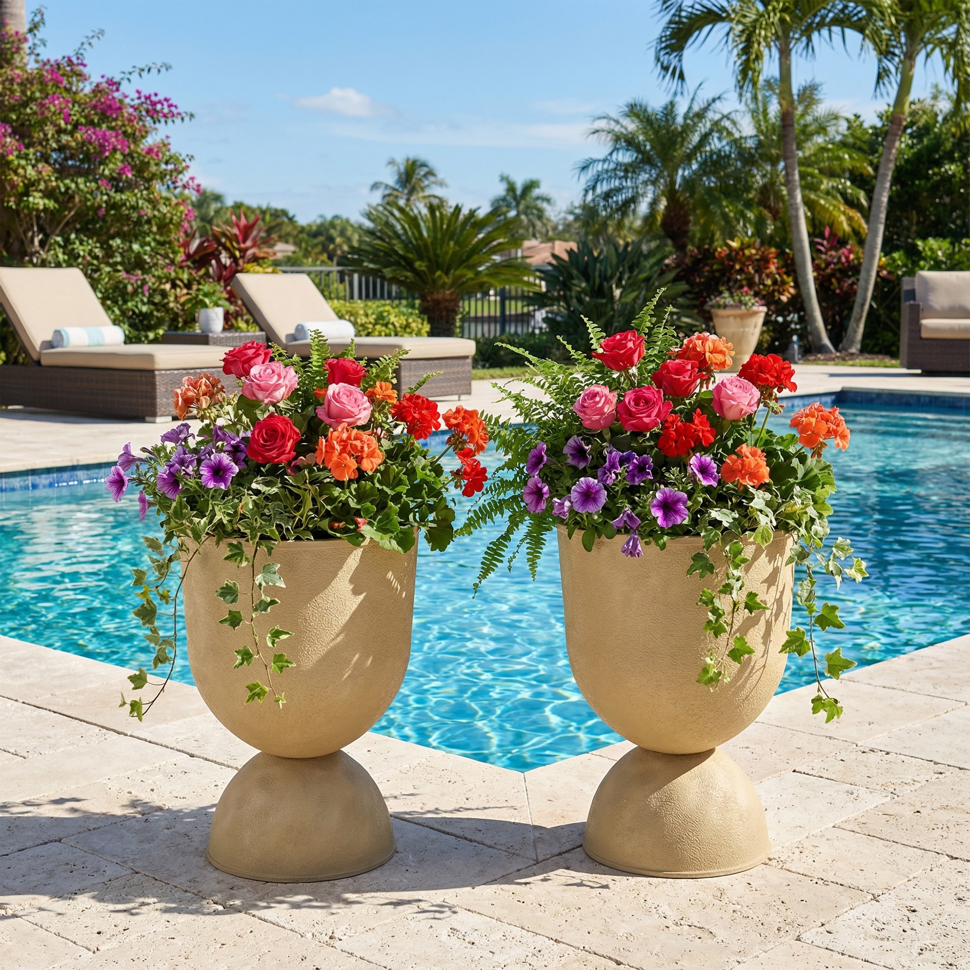 2 Pack Urn Planters for Outdoor Indoor Plants Faux Stone Textured PE Large Flower Pots with Drainage Holes